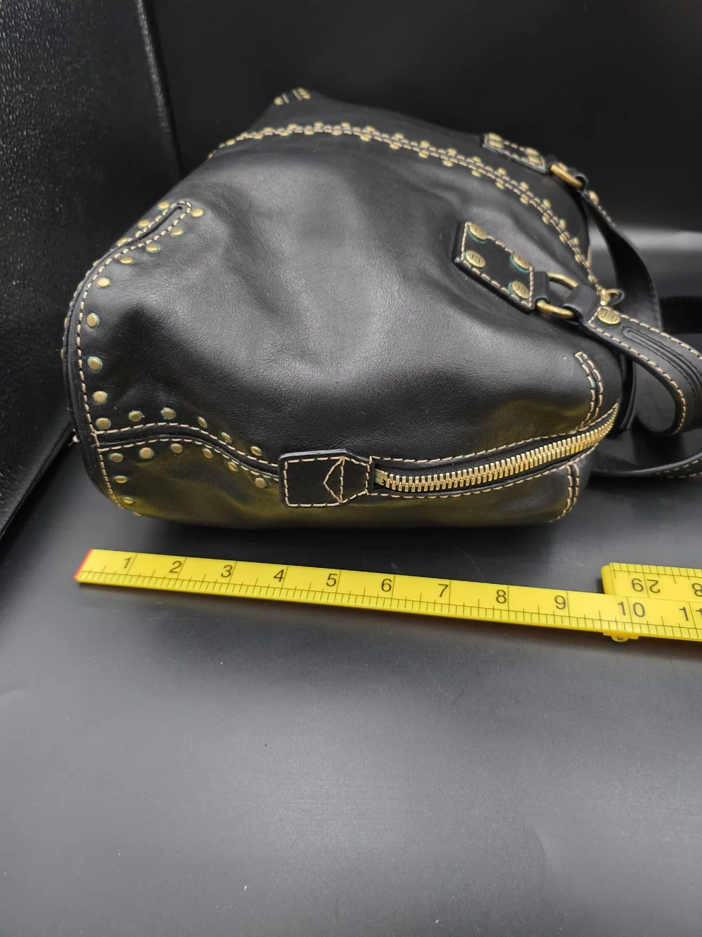 Michael Kors Black Leather Stud-Accent Satchel with Gold Hardware